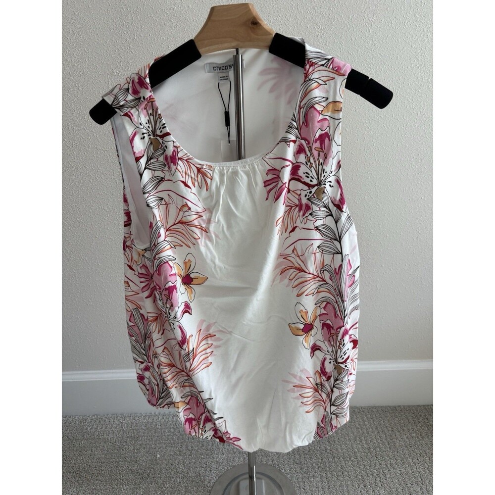 NWT Chico's Aracati Bubble Hem Tee Tank Knit‎ Cotton Alabaster Floral Size 1 M